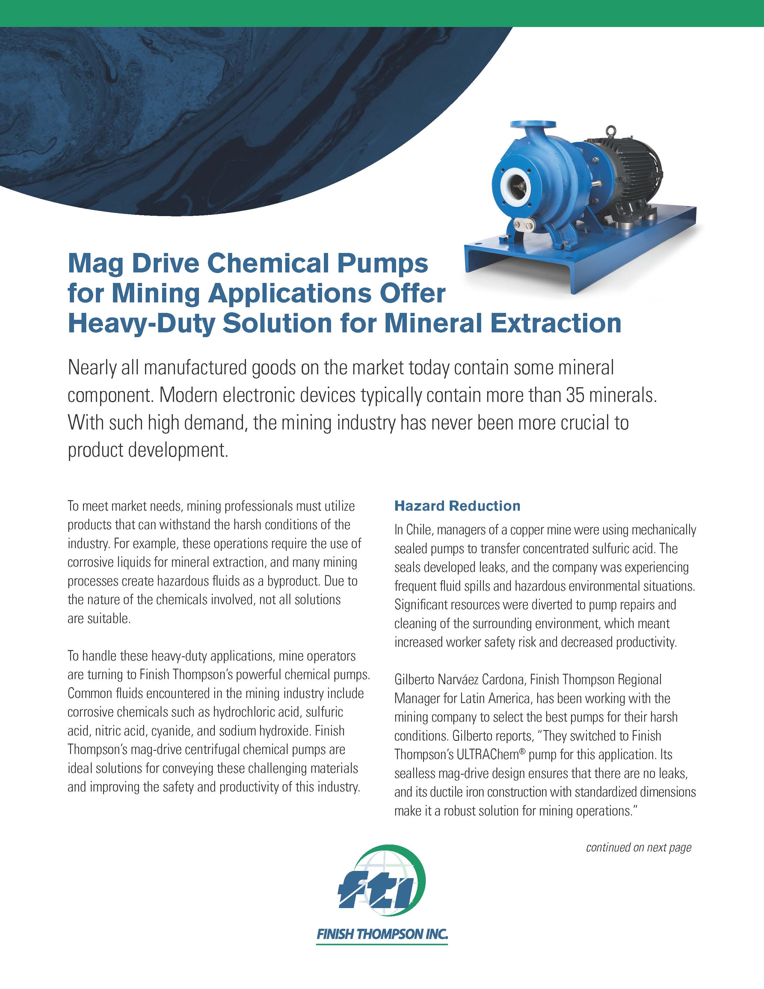 Finish Thompson Mag Drive Chemical Pumps for Mining Applications Offer Heavy-Duty Solution for Mineral Extraction
