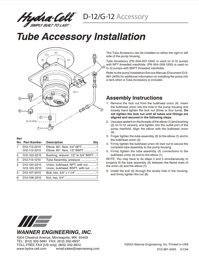 Hydra-Cell D12 / G12 Tube Accessory Installation