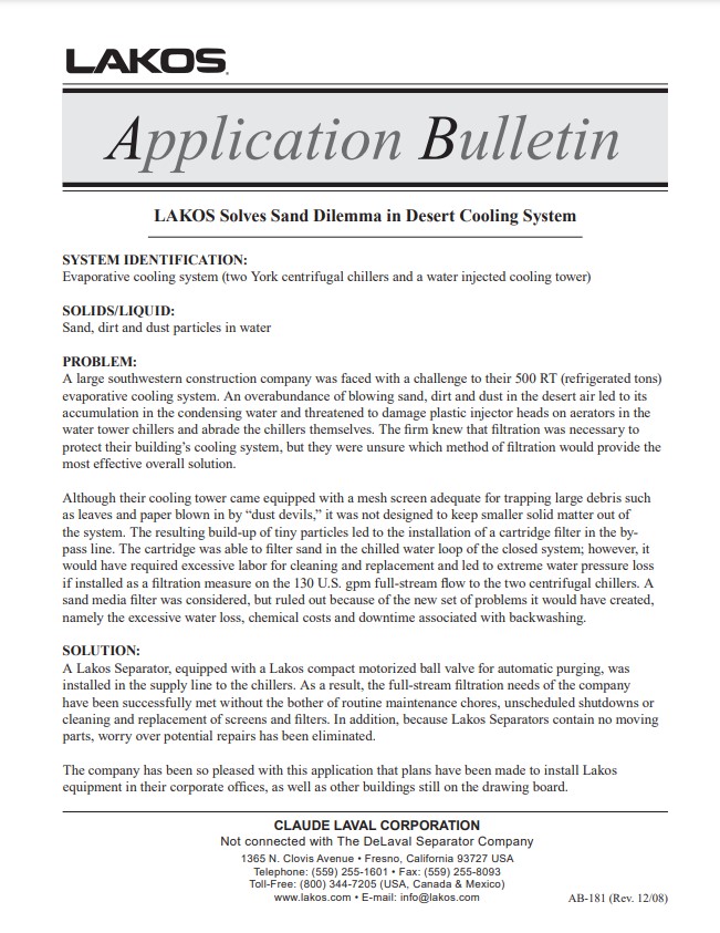 LAKOS AB-181 Desert Cooling System - Application Bulletin