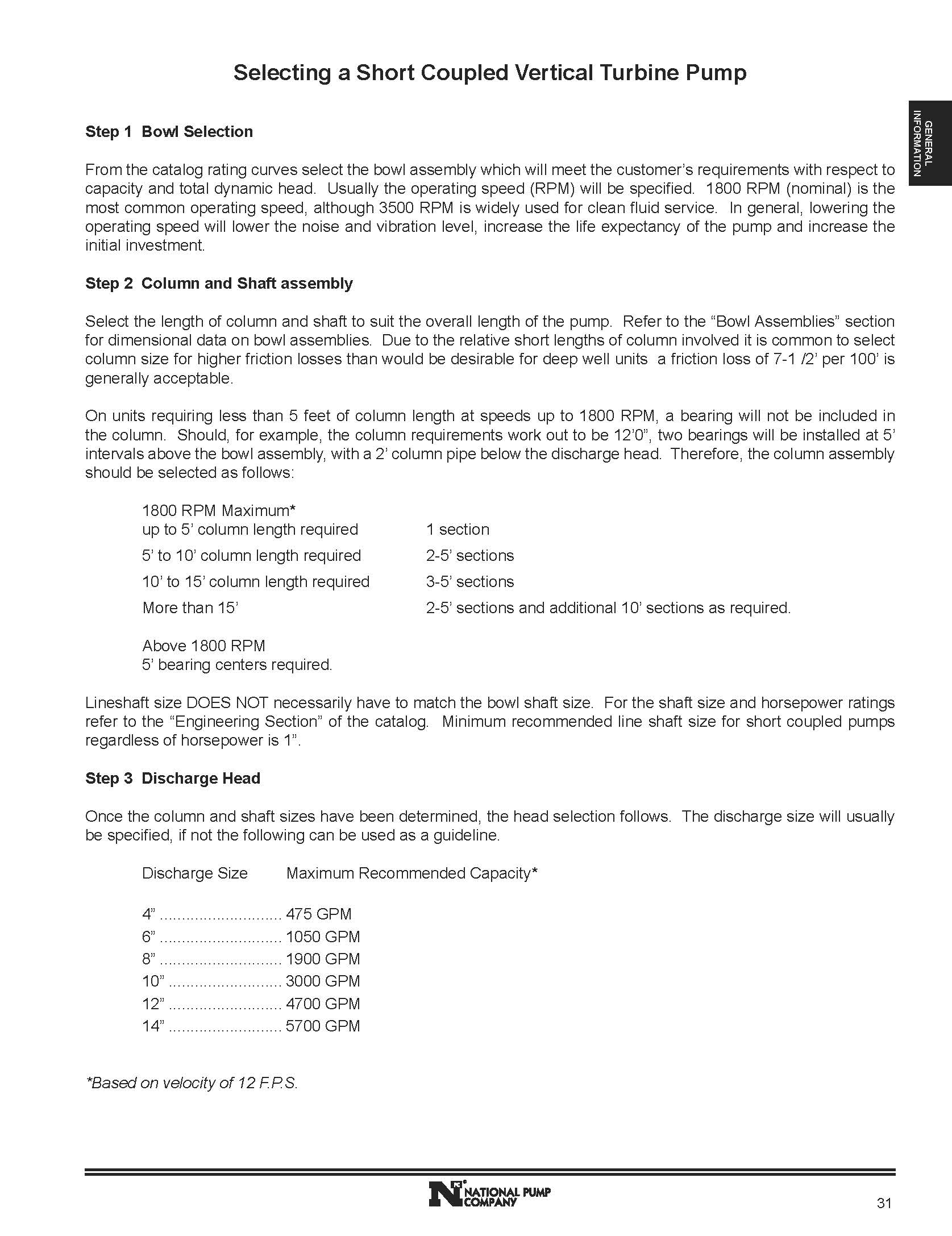 National Pump Company Vertical Turbine Pumps, Close Coupled, Product Lubricated - Selection 