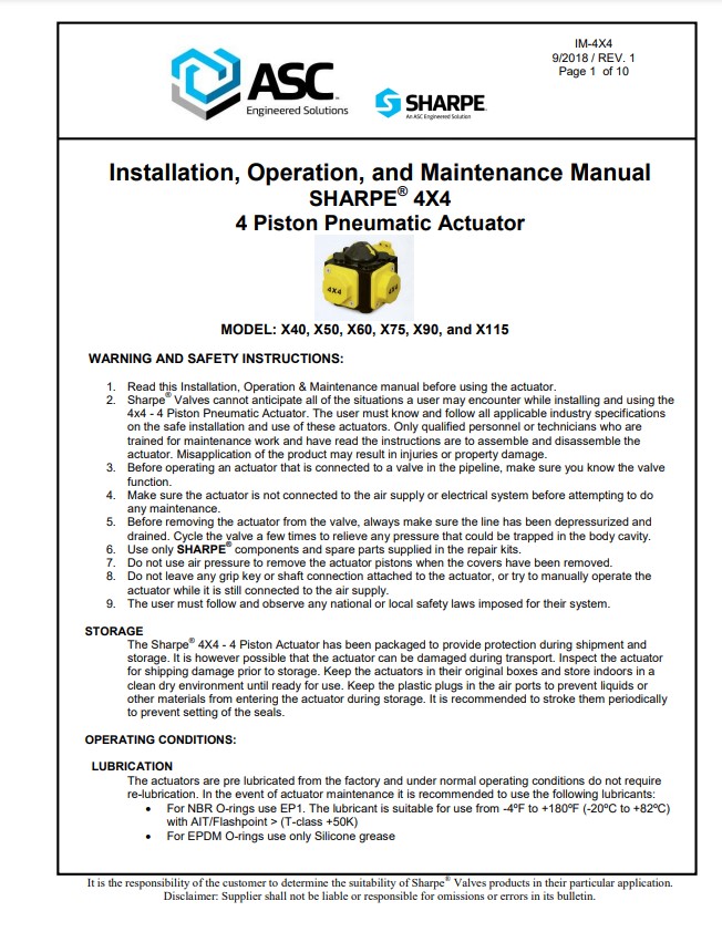 Sharpe 4x4 Pneumatic Actuator I. O. M. - Manual 