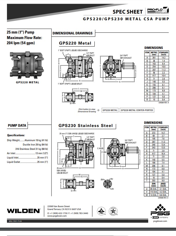 WILDEN GPS220-230 Metal CSA Pump - Spec Sheet