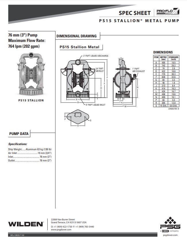 Wilden Pro‑Flo Shift Stallion Metal Pump 76mm - Spec Sheet