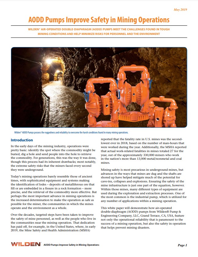 Wilden White Paper AODD Pumps Improve Safety in Mining Operations