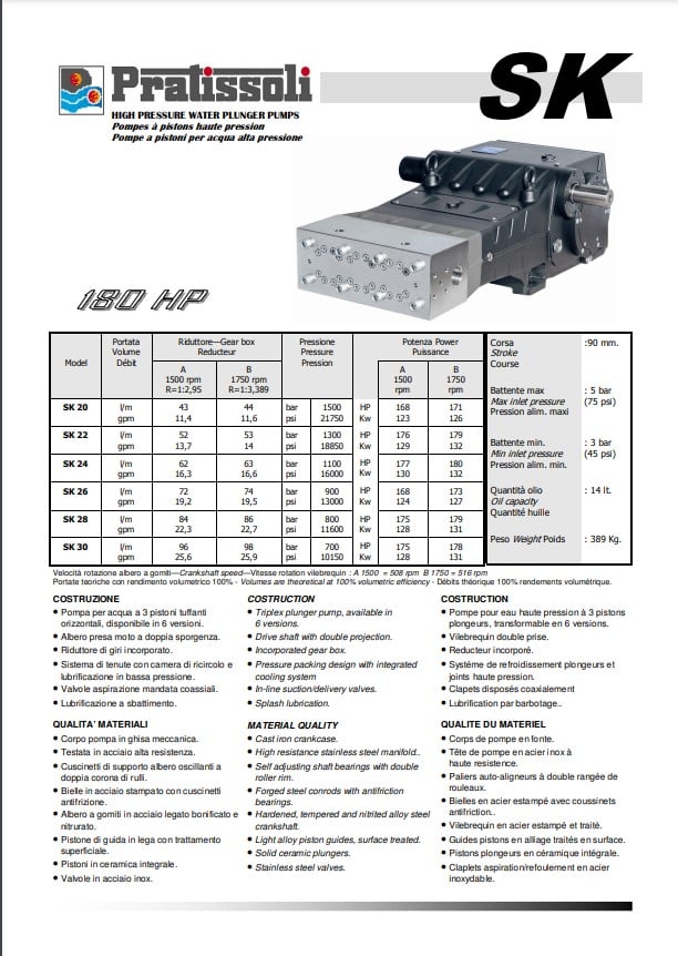 Pratissoli Series SK Triplex Plunger Pumps