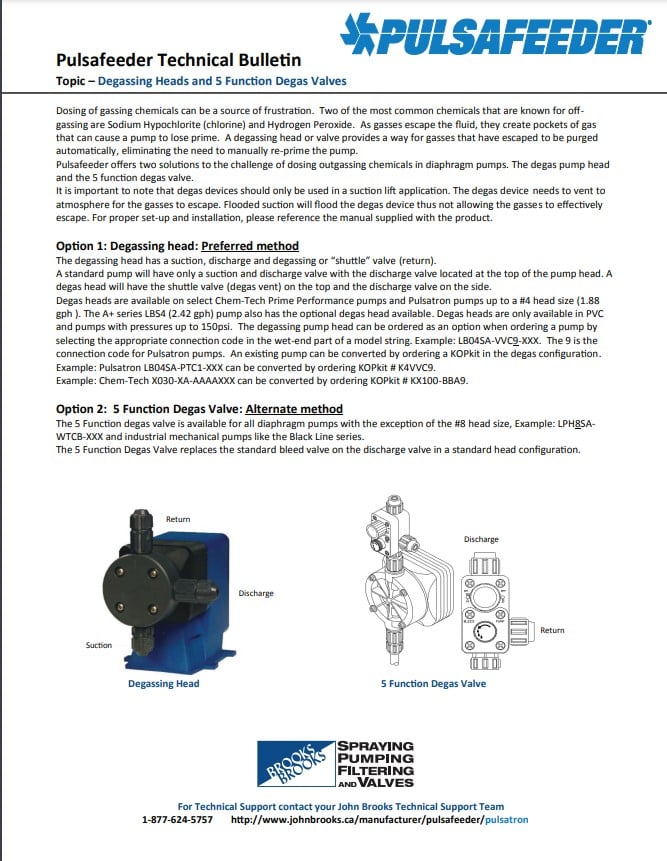 Pulsafeeder and John Brooks Degassing Heads and 5 FunctionDegas Valves