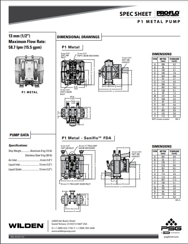 Wilden P1 Saniflo FDA Series Clamped Metal Pumps Spec-Sheet