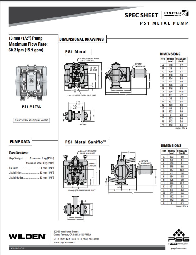 Wilden PS1 Saniflo FD Series Clamped Metal Pumps Spec-Sheet