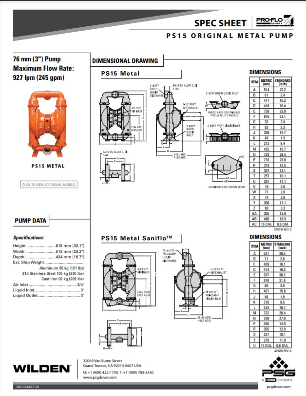Wilden PS15 Saniflo FDA Series Clamped Metal Pumps Spec Sheet