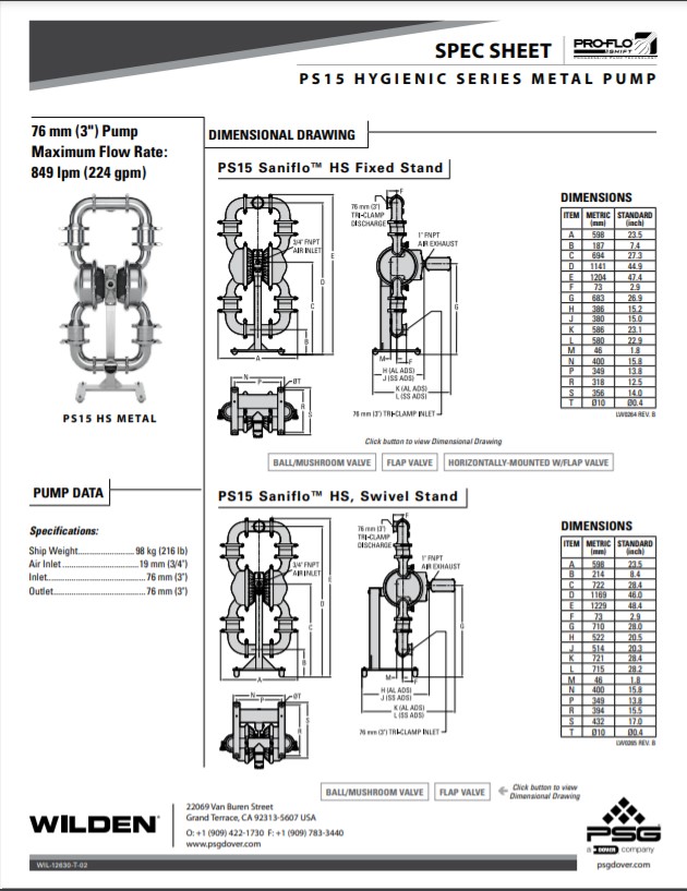 Wilden PS15 Saniflo Hygienic Series Clamped Metal Pump Spec Sheet