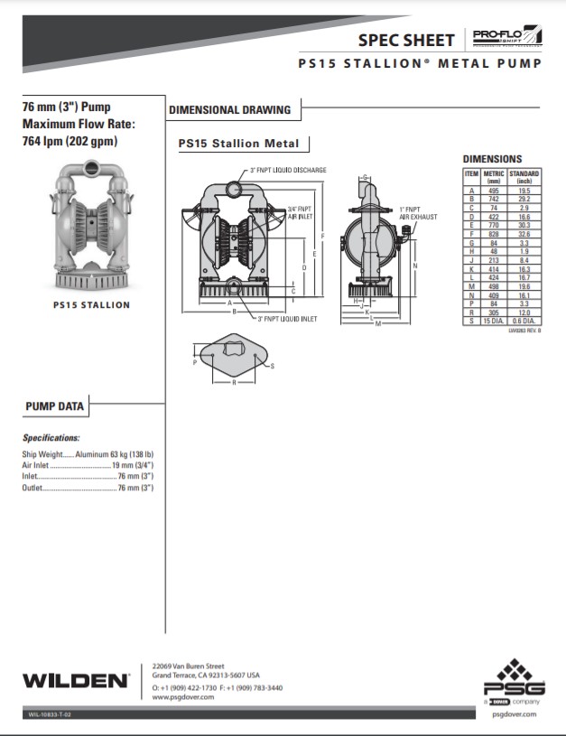Wilden PS15 Stallion Original Clamped Metal Pump Spec Sheet