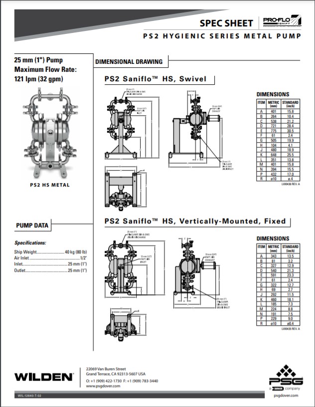 Wilden PS2 Saniflo Hygienic Series Clamped Metal Pump Spec Sheet