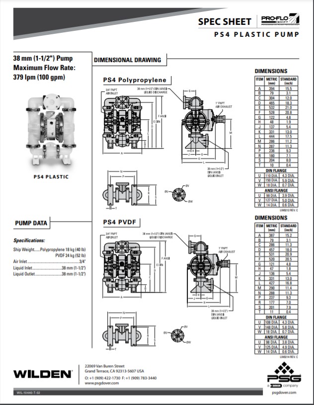 Wilden PS4 Pro-Flo Shift Clamped Plastic AODD Pump Spec Sheet