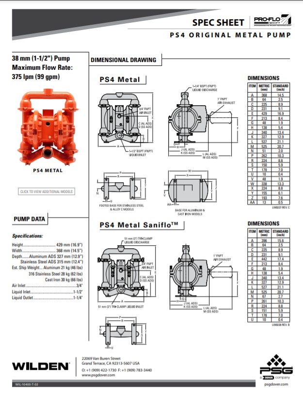 Wilden PS4 Saniflo FDA Pump Spec Sheet