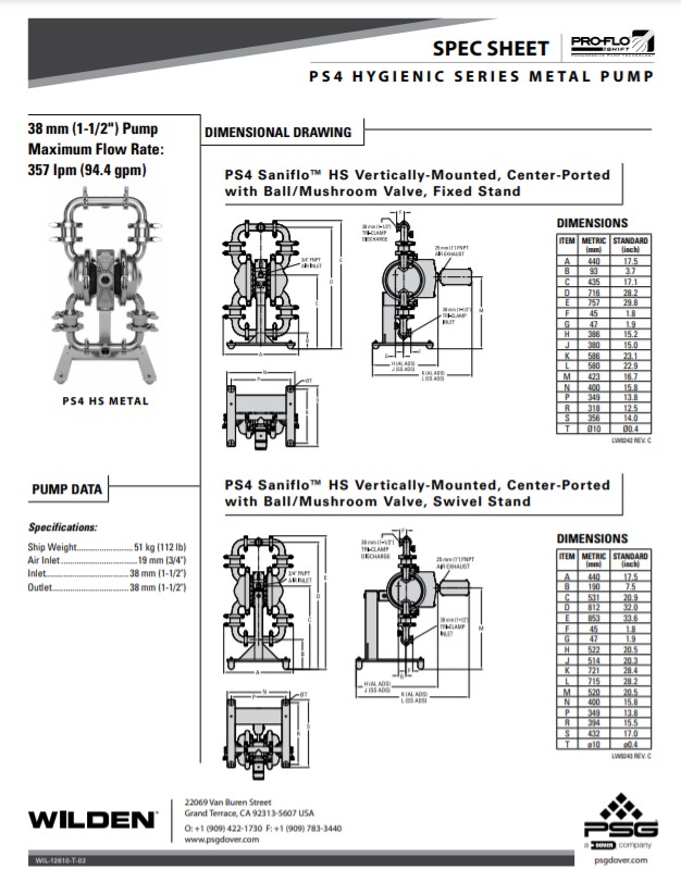 Wilden PS4 Saniflo Hygienic Series Clamped Metal Pump Spec Sheet