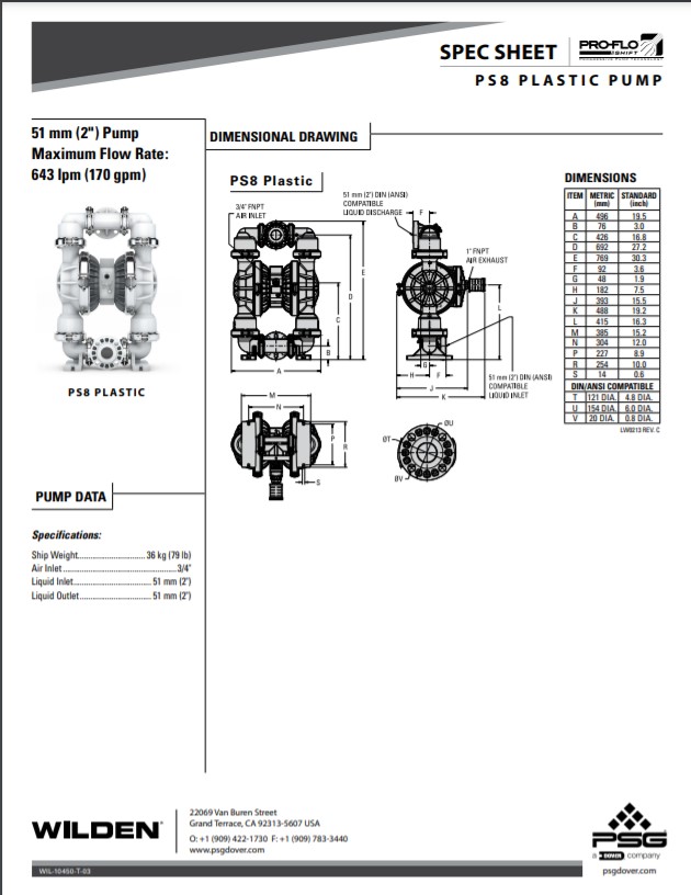 Wilden PS8 Pro-Flo Shift Clamped Plastic AODD Pump Spec Sheet