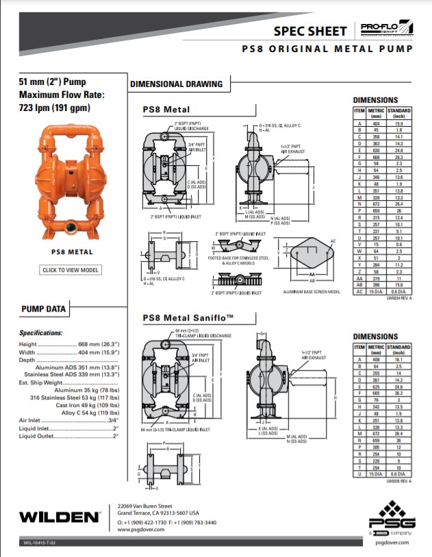 Wilden PS8 Saniflo FDA Series Clamped Metal Pumps Spec Sheet