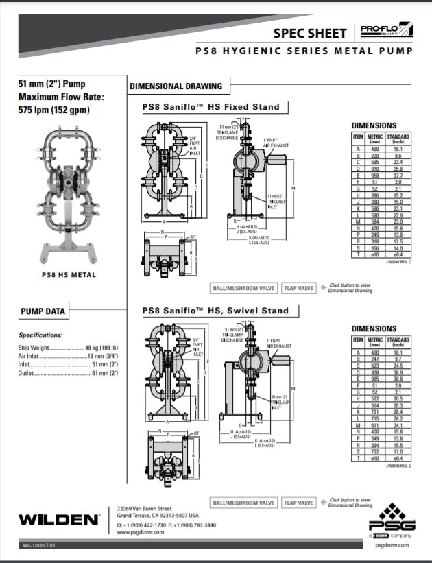 Wilden PS8 Saniflo Hygienic Pump Spec Sheet