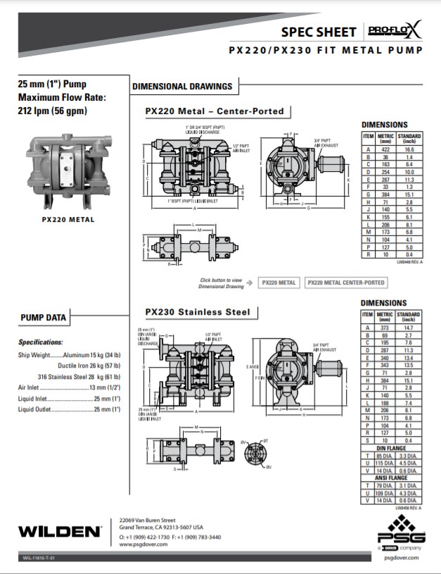 Wilden PX220 and PX230 Metal Spec Sheet