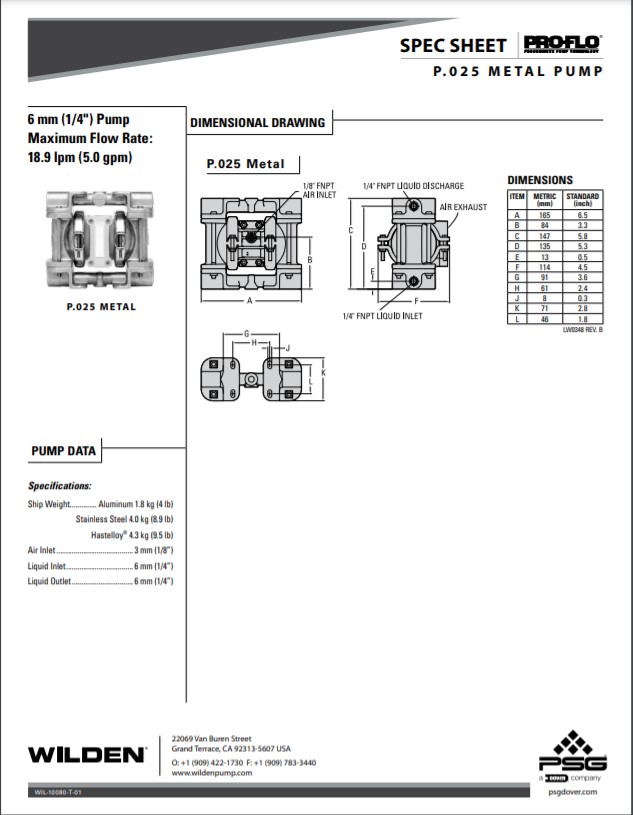 Wilden Pro-Flo P025 Clamped Metal Pump Spec-Sheet