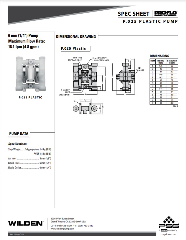 Wilden Pro-Flo P025 Clamped Plastic Pump Spec-Sheet