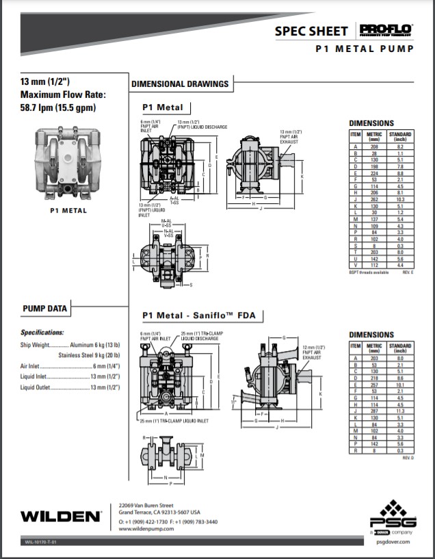 Wilden Pro-Flo P1 Clamped Metal Pump Spec Sheet