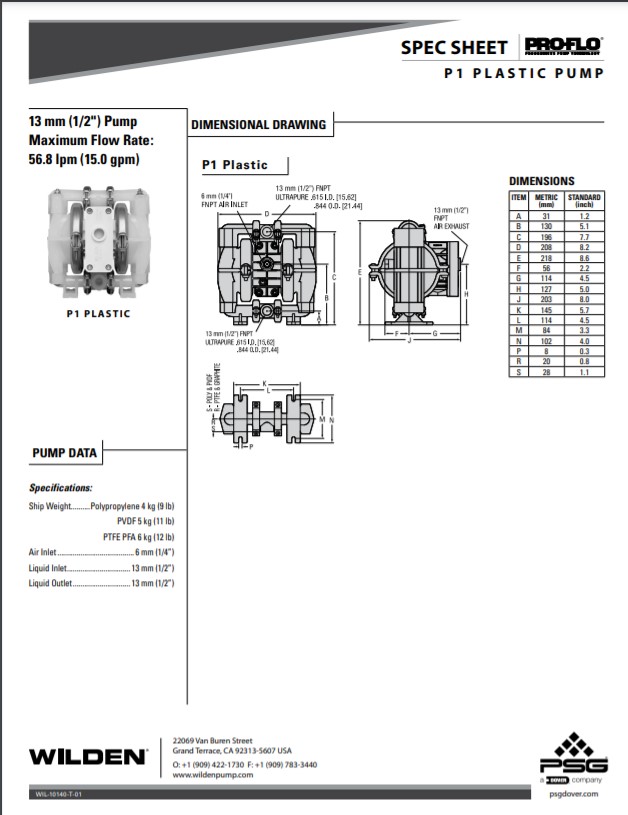 Wilden Pro-Flo P1 Clamped Plastic Pump Spec Sheet