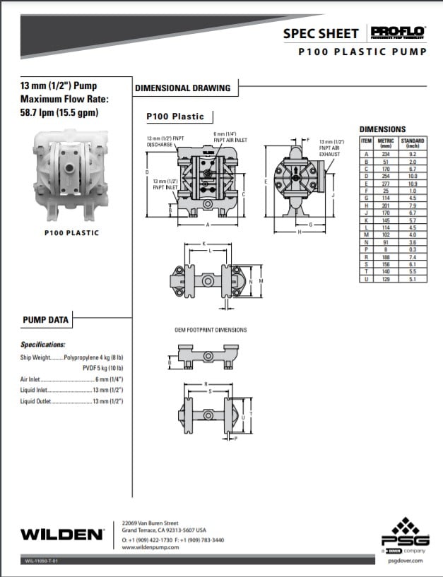 Wilden Pro-Flo P100 Bolted Plastic Pump Spec-Sheet