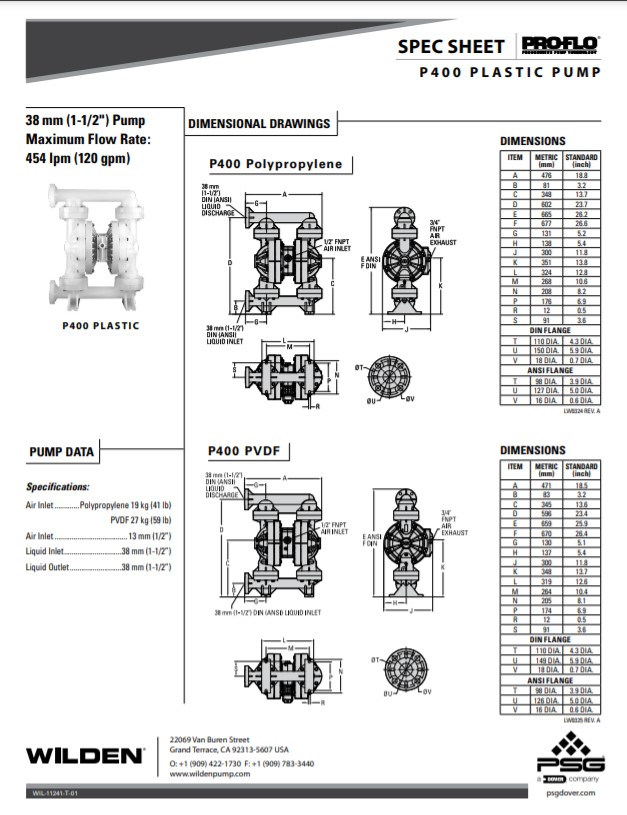 Wilden Pro-Flo P400 Bolted Plastic Pump Spec-Sheet