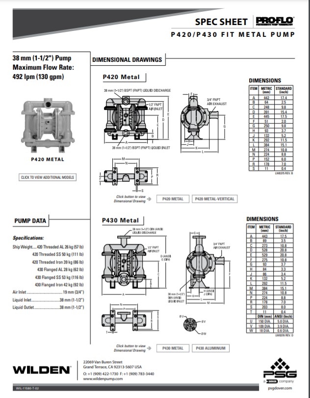 Wilden Pro-Flo P420 P430 Bolted Metal-Spec Sheet