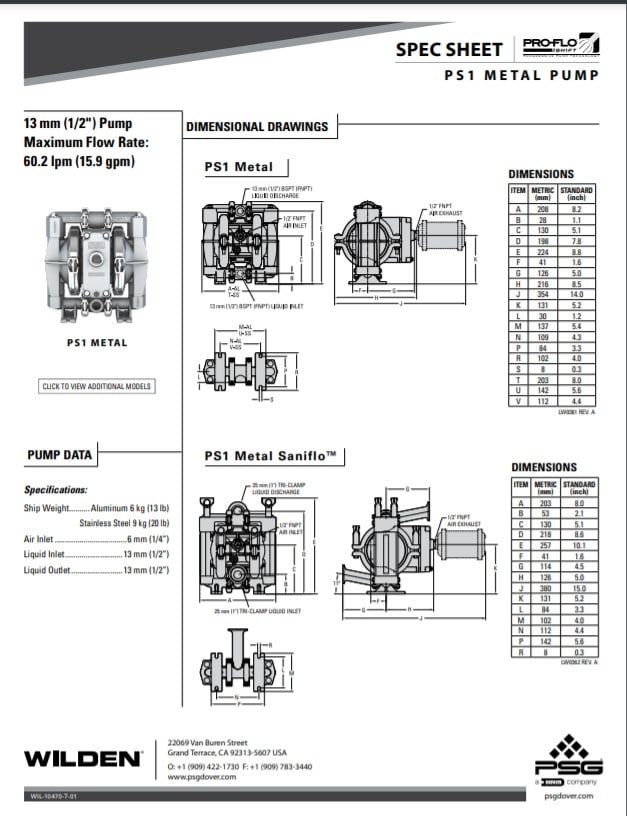 Wilden Pro-Flo Shift PS1 Clamped Metal Pump Spec-Sheet