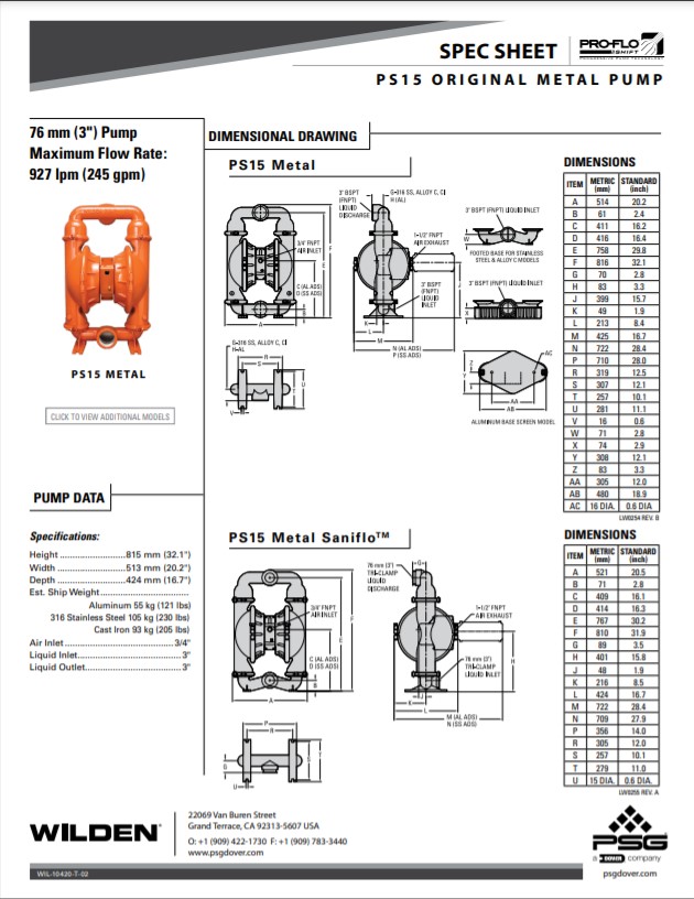 Wilden Pro-Flo Shift PS15 Clamped Metal Pump Spec Sheet