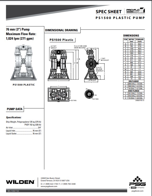 Wilden Pro-Flo Shift PS1500 Bolted Plastic AODD Pump - Spec Sheet