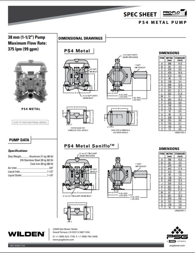 Wilden Pro-Flo Shift PS4 Clamped Metal Pump Spec Sheet