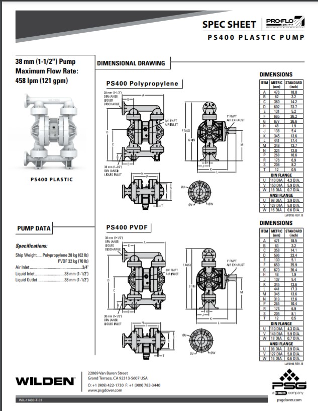 Wilden Pro-Flo Shift PS400 Bolted Plastic AODD Pump - Spec Sheet