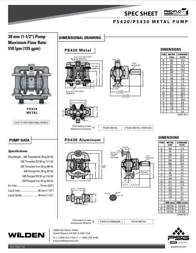 Wilden Pro-Flo Shift PS420 PS430 Bolted Metal Spec Sheet