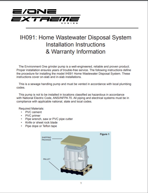 eone ih091 indoor grinder pump installation instructions