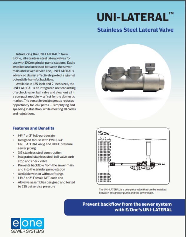 eone lateral valve for grinder pump stations