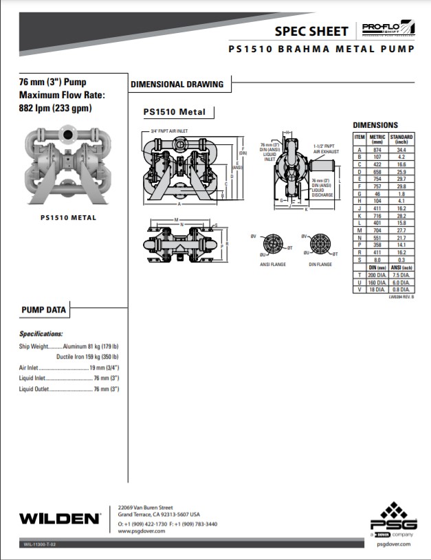 Wilden Brahma PS1510 - Spec Sheet