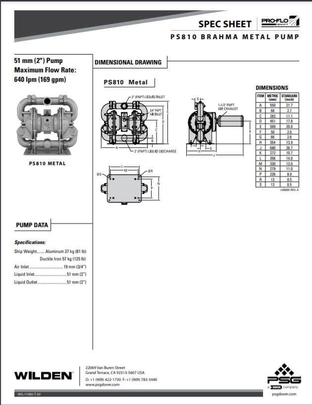 Wilden Brahma PS810 - Spec Sheet